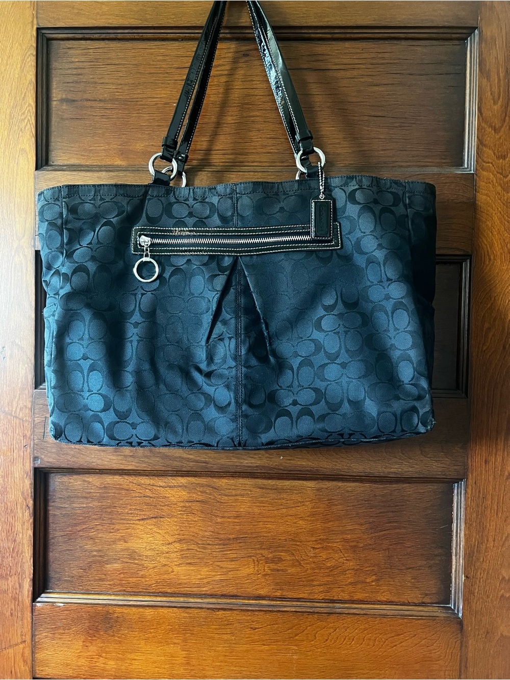 Coach Black Signature Jacquard Tote with Patent Leather Straps